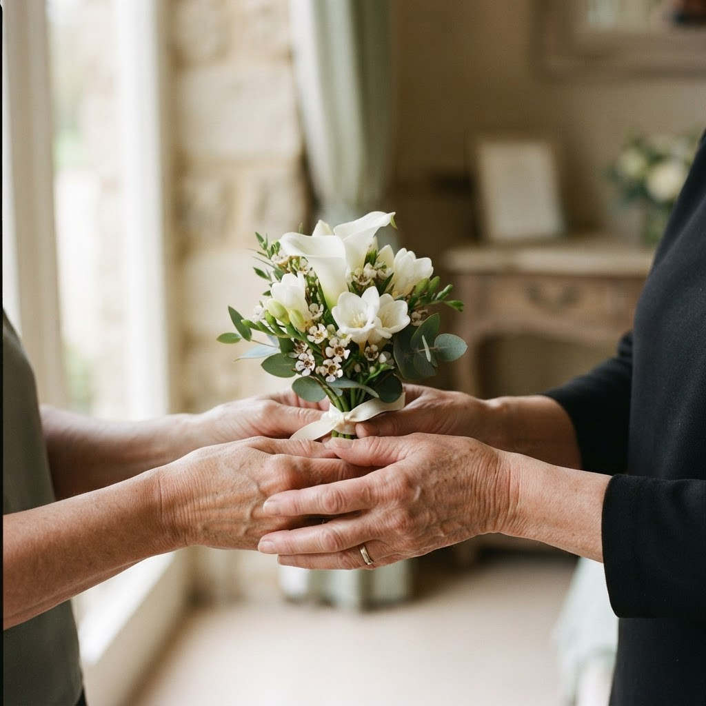 Two hands gently holding a small posy of white flowers